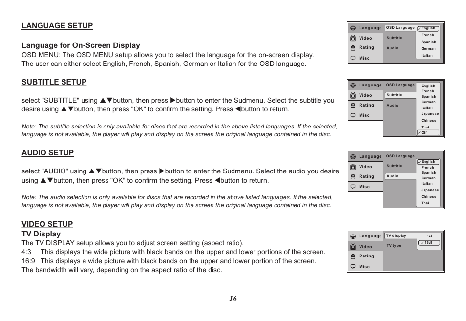 Language setup language for on-screen display, Subtitle setup, Audio setup | Video setup tv display | Audiovox HR7008PKG User Manual | Page 16 / 28