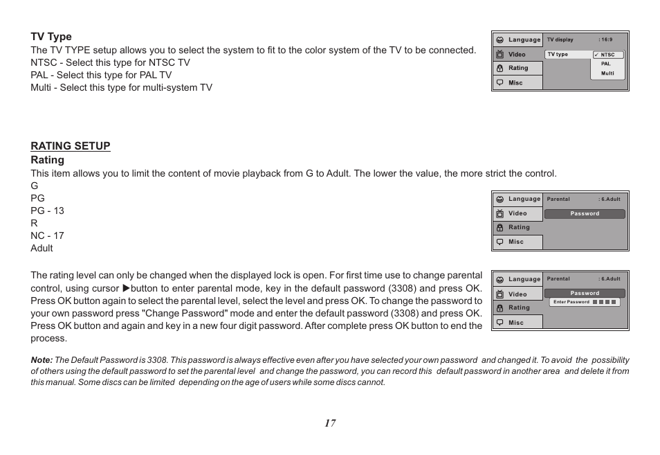 Rating setup rating, Tv type | Audiovox HR7008PKG User Manual | Page 17 / 28