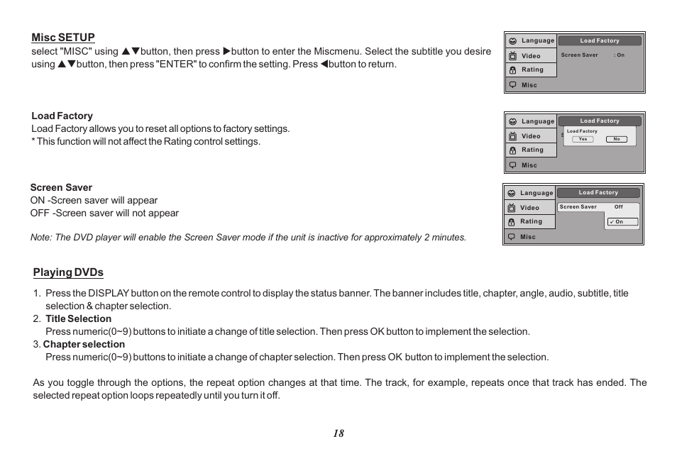 Misc setup, Playing dvds | Audiovox HR7008PKG User Manual | Page 18 / 28