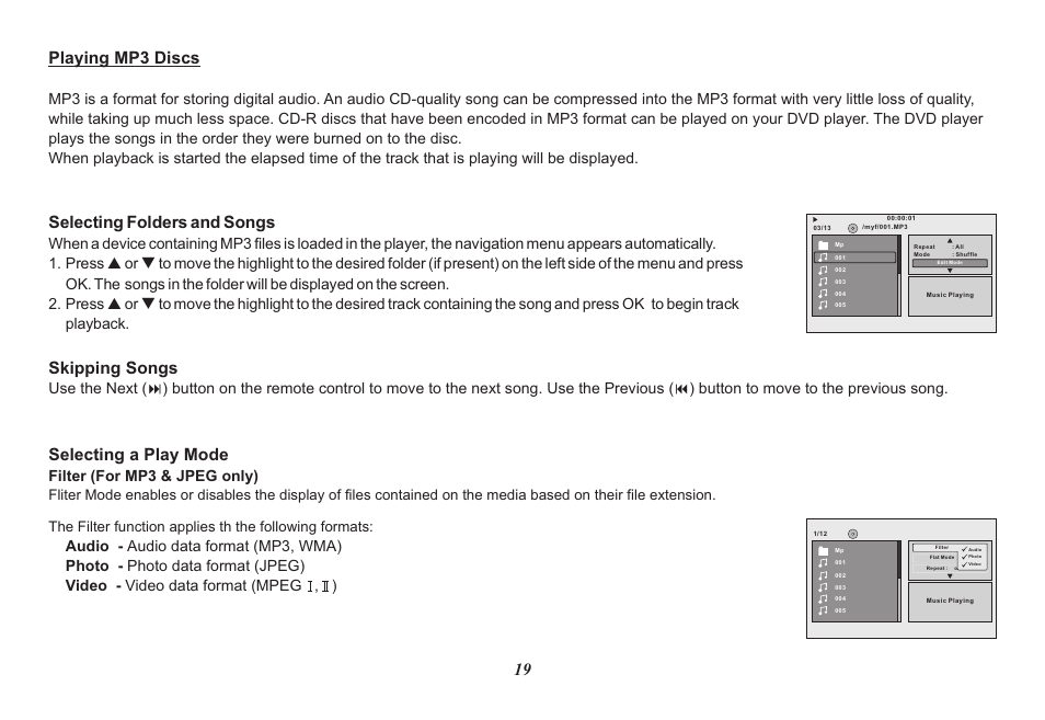 19 playing mp3 discs, Selecting folders and songs, Skipping songs | Selecting a play mode, Filter (for mp3 & jpeg only) | Audiovox HR7008PKG User Manual | Page 19 / 28