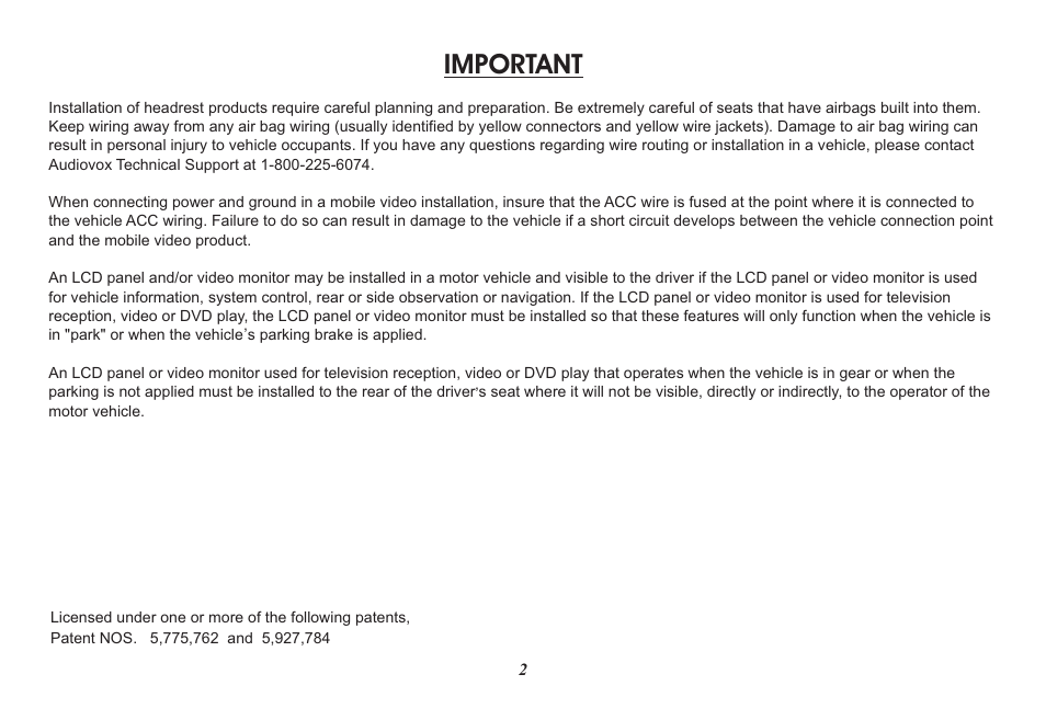 Important | Audiovox HR7008PKG User Manual | Page 2 / 28
