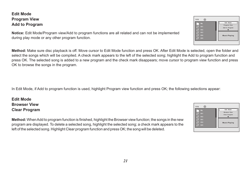 21 edit mode program view add to program, Edit mode browser view clear program | Audiovox HR7008PKG User Manual | Page 21 / 28