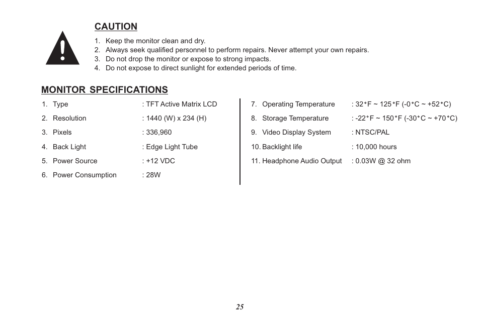 Caution, Monitor specifications | Audiovox HR7008PKG User Manual | Page 25 / 28