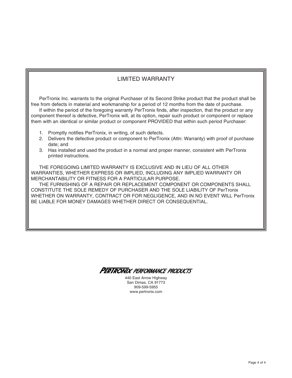 Limited warranty | PerTronix Second Strike 500 User Manual | Page 4 / 4