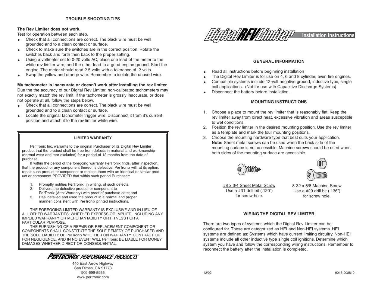 PerTronix Digital Rev Limiter 600 User Manual | 2 pages