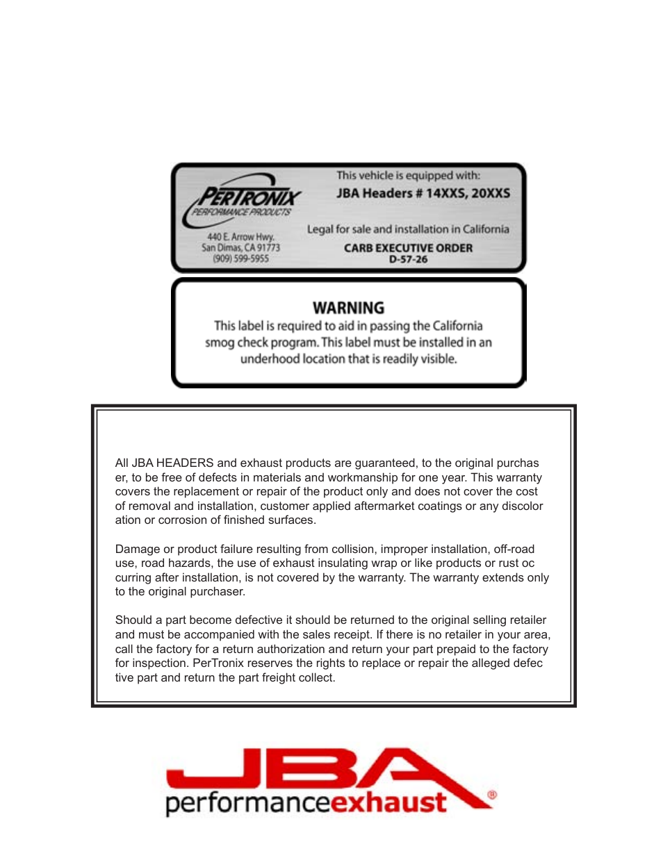 Limited one year warranty | PerTronix JBA Exhaust 1410S User Manual | Page 4 / 5