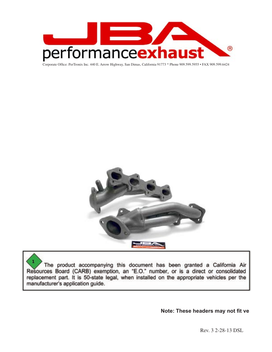 PerTronix JBA Exhaust 1625S-7 User Manual | 5 pages