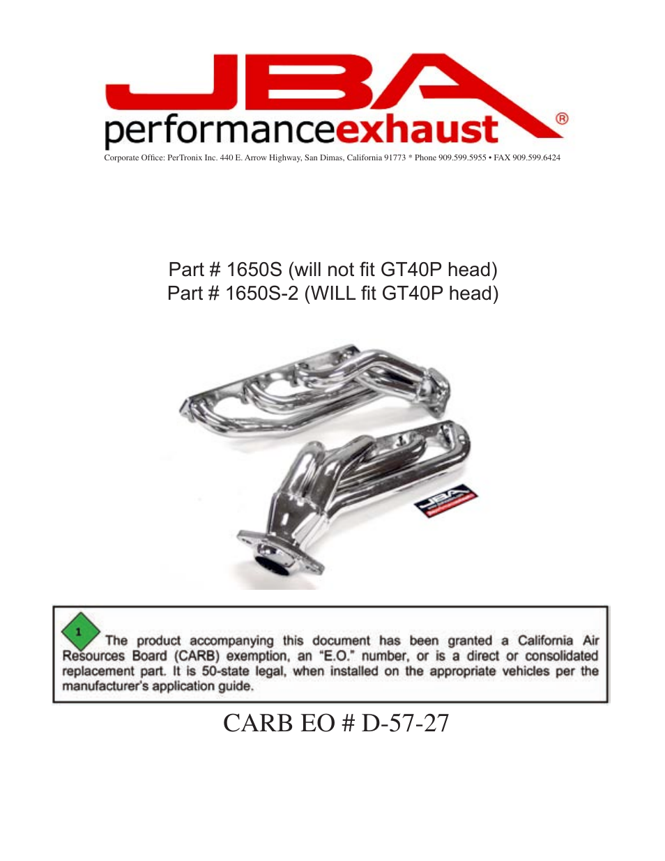 PerTronix JBA Exhaust 1650S-2 User Manual | 5 pages