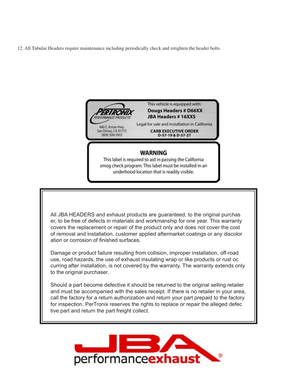 Limited one year warranty | PerTronix JBA Exhaust 1650S-2 User Manual | Page 4 / 5