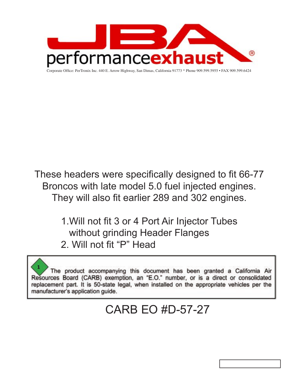 PerTronix JBA Exhaust 1660-1 User Manual | 5 pages