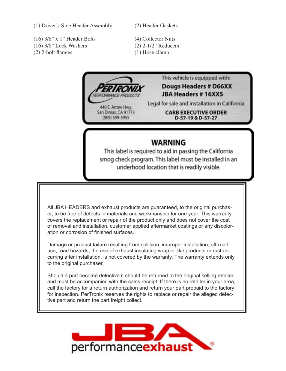 Limited one year warranty | PerTronix JBA Exhaust 1660-1 User Manual | Page 4 / 5