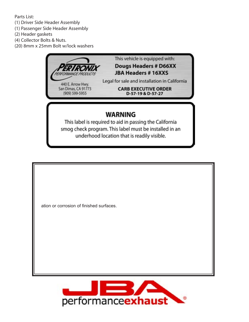 Limited one year warranty | PerTronix JBA Exhaust 1670S User Manual | Page 4 / 5