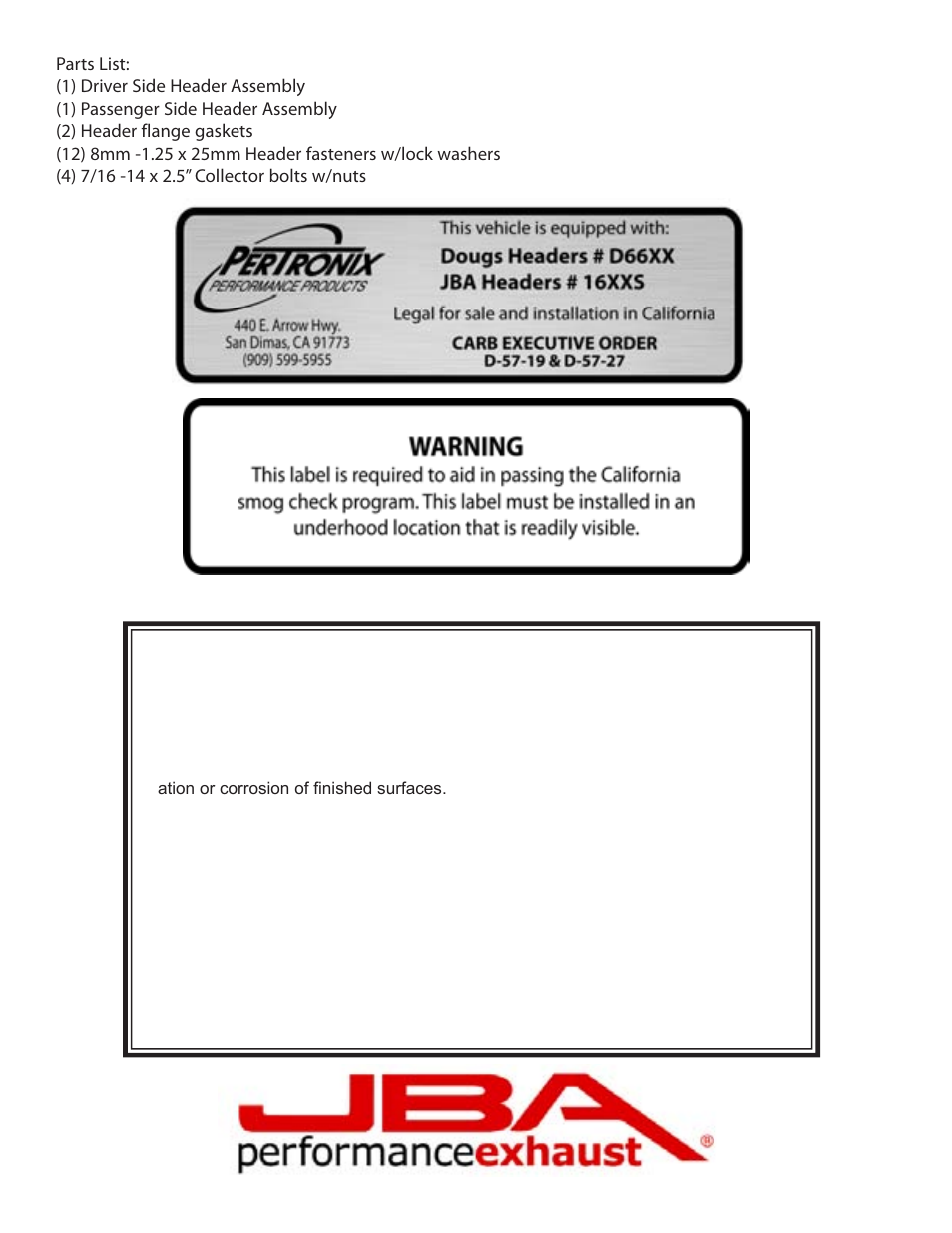 Limited one year warranty | PerTronix JBA Exhaust 1672S User Manual | Page 4 / 5