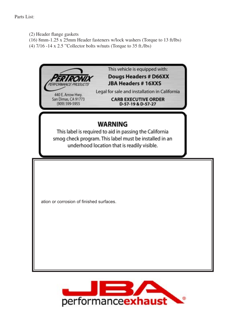 Limited one year warranty | PerTronix JBA Exhaust 1680S User Manual | Page 4 / 5