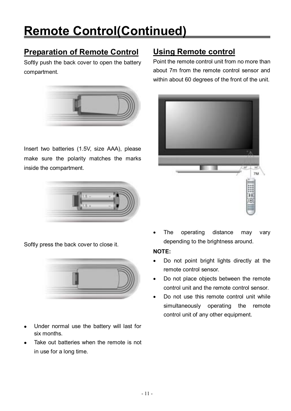 Remote control(continued), Preparation of remote control, Using remote control | Audiovox FPE3206DV User Manual | Page 12 / 45