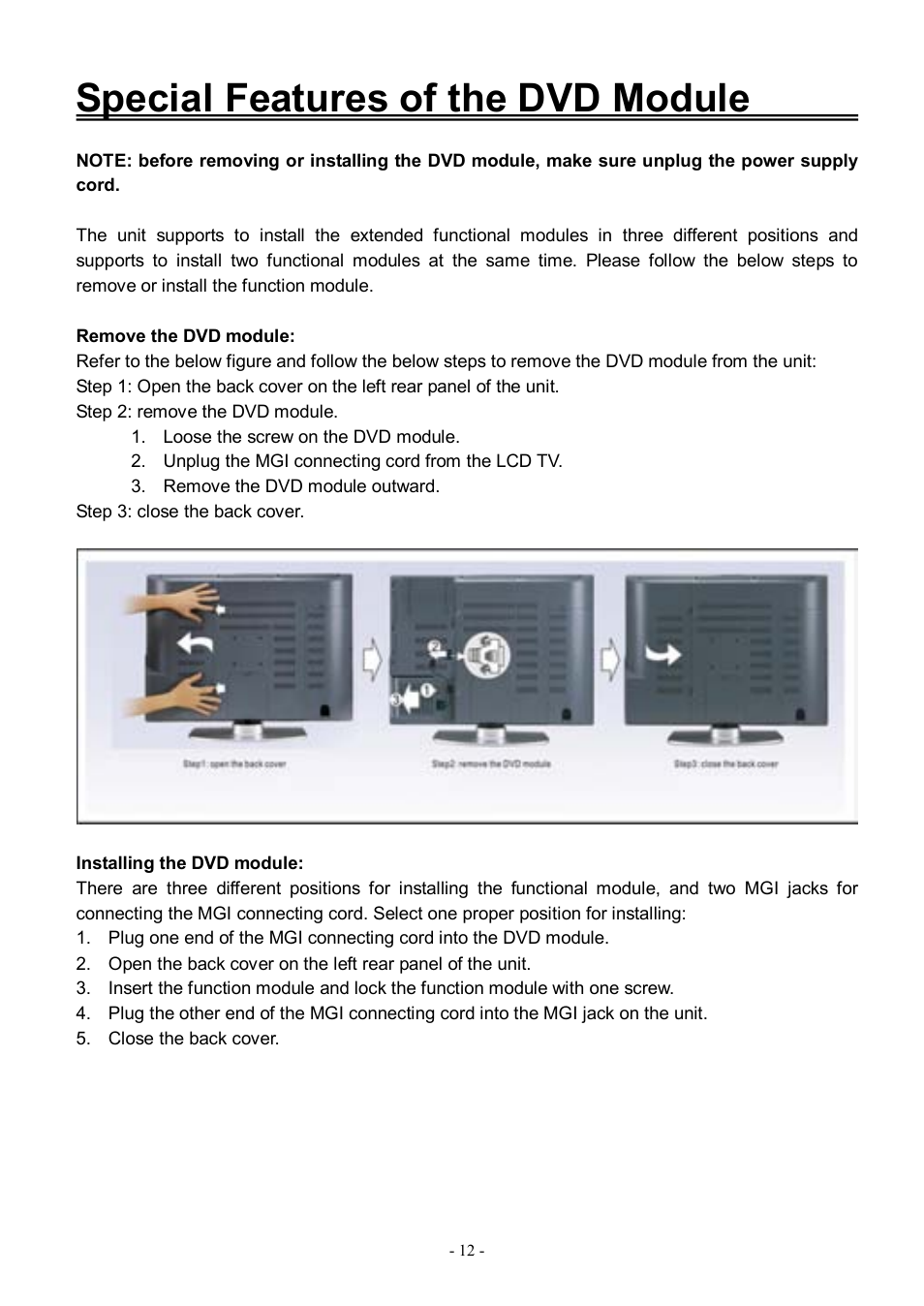 Special features of the dvd module | Audiovox FPE3206DV User Manual | Page 13 / 45