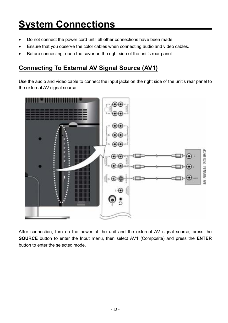 System connections, Connecting to external av signal source (av1) | Audiovox FPE3206DV User Manual | Page 14 / 45
