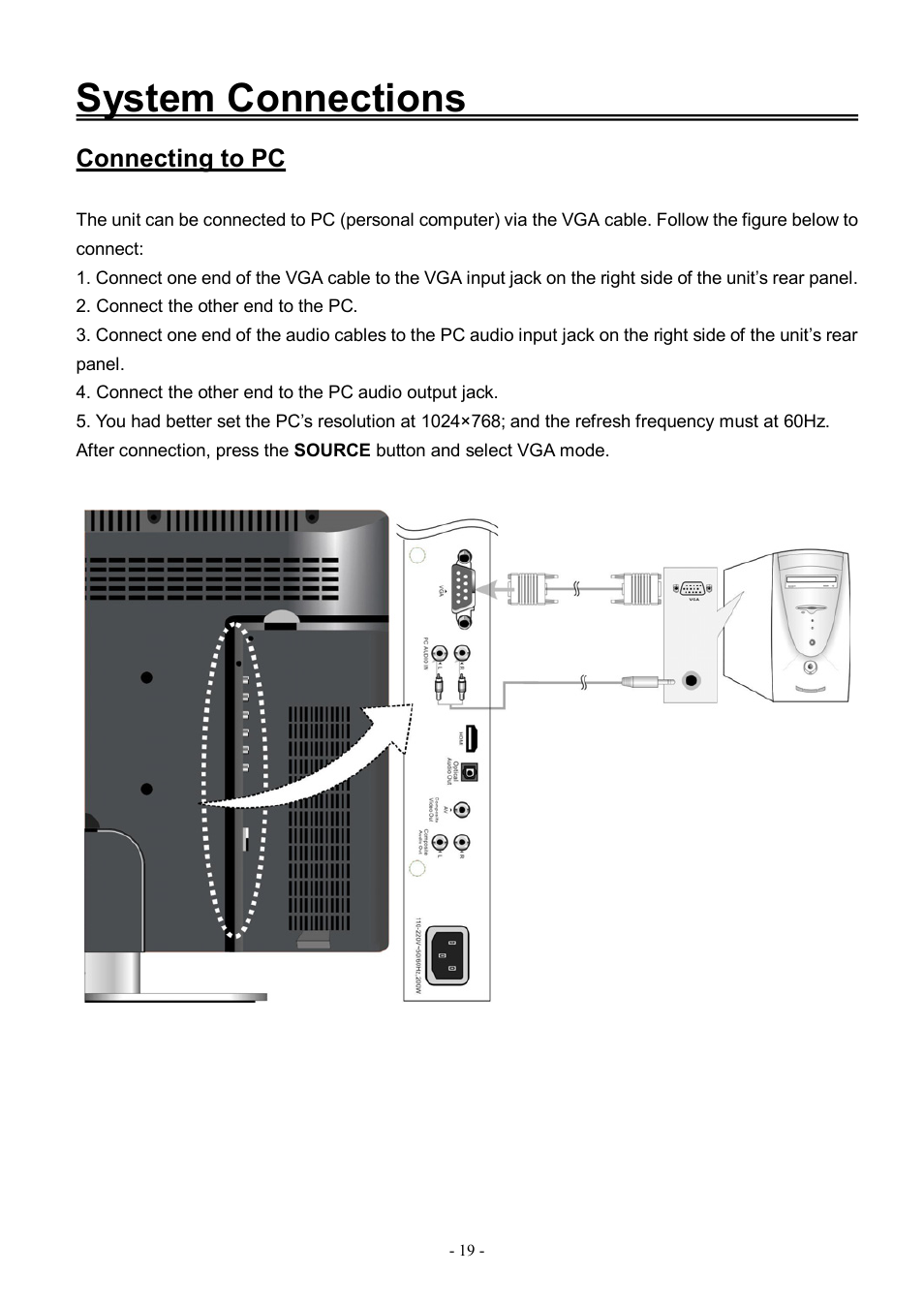 System connections, Connecting to pc | Audiovox FPE3206DV User Manual | Page 20 / 45