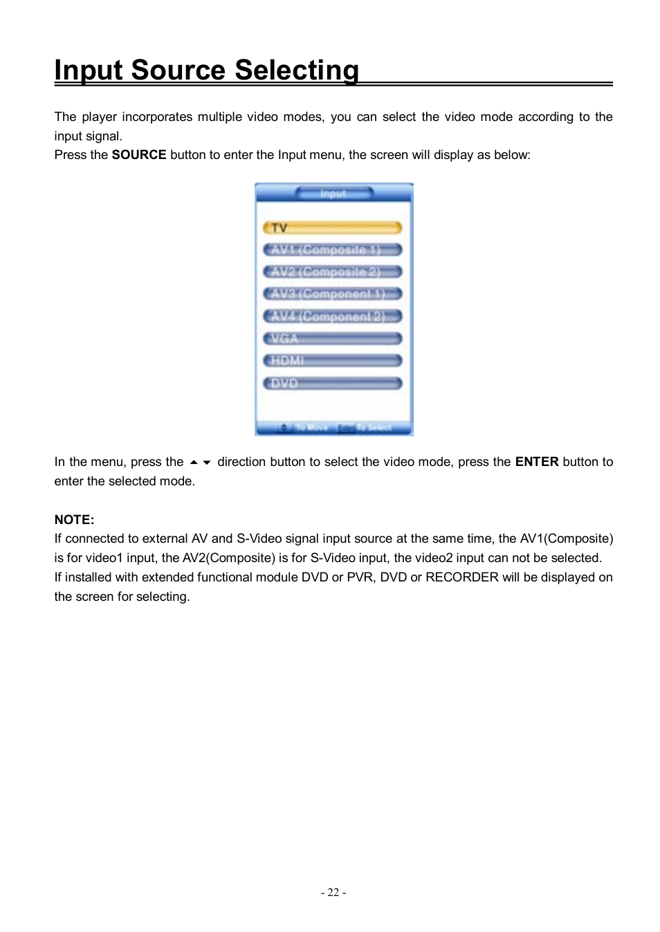 Input source selecting | Audiovox FPE3206DV User Manual | Page 23 / 45