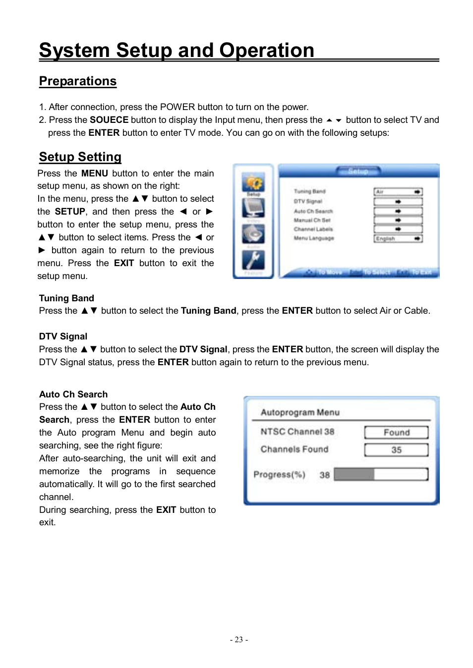 System setup and operation, Preparations, Setup setting | Audiovox FPE3206DV User Manual | Page 24 / 45