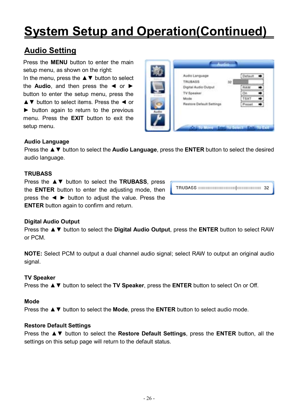 System setup and operation(continued), Audio setting | Audiovox FPE3206DV User Manual | Page 27 / 45