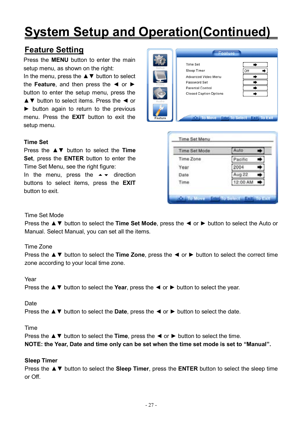 System setup and operation(continued), Feature setting | Audiovox FPE3206DV User Manual | Page 28 / 45