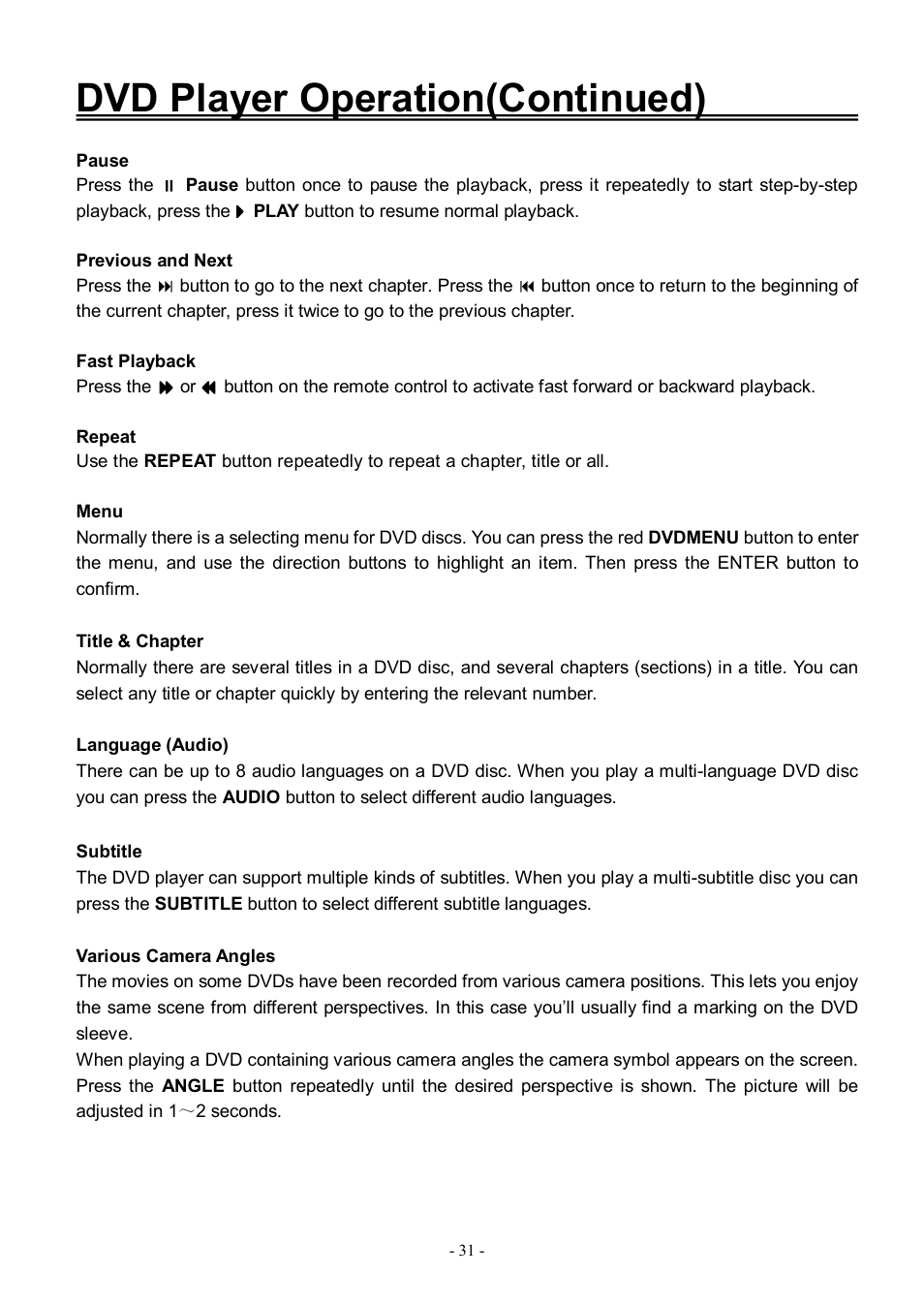 Dvd player operation(continued) | Audiovox FPE3206DV User Manual | Page 32 / 45
