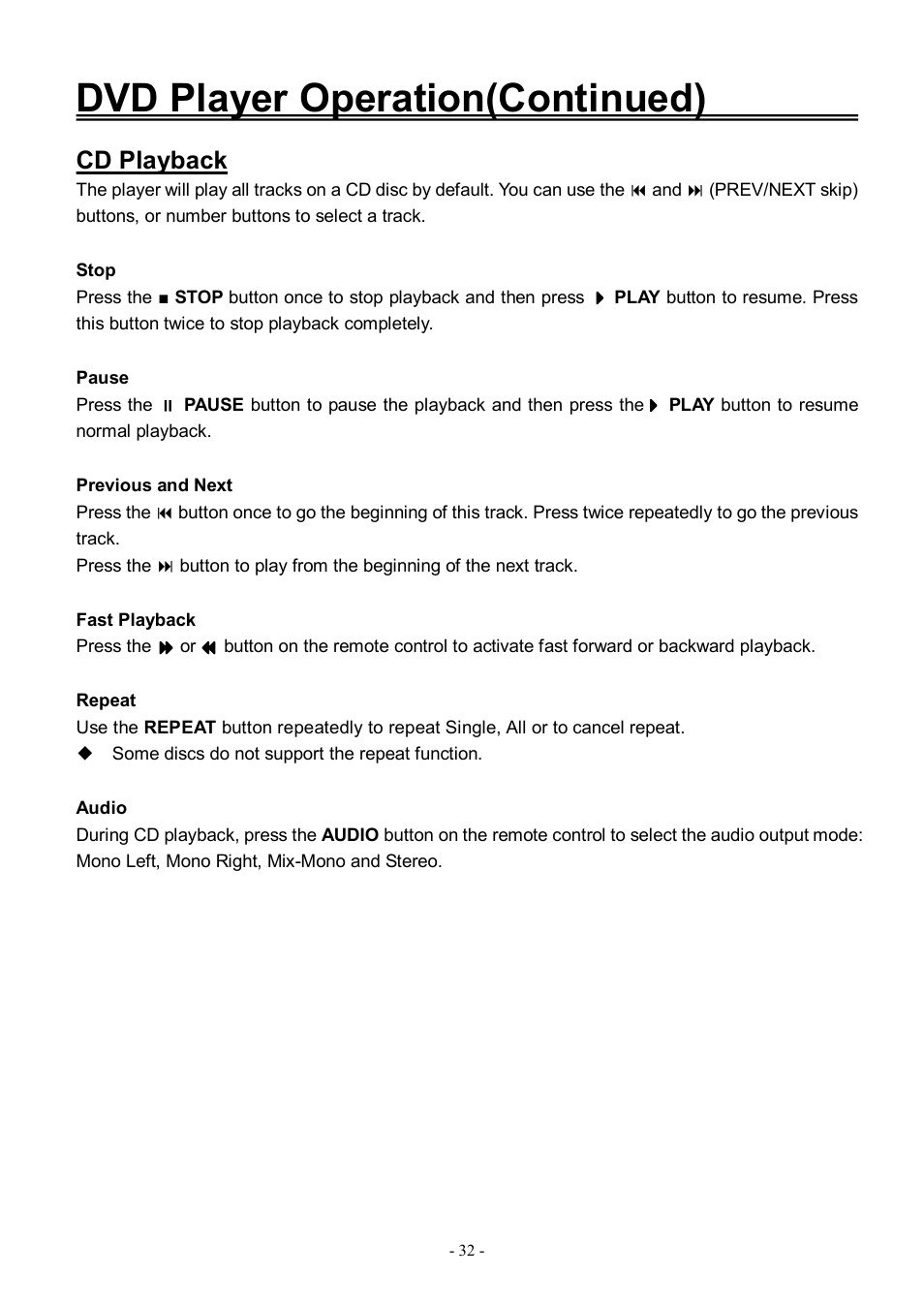 Dvd player operation(continued), Cd playback | Audiovox FPE3206DV User Manual | Page 33 / 45