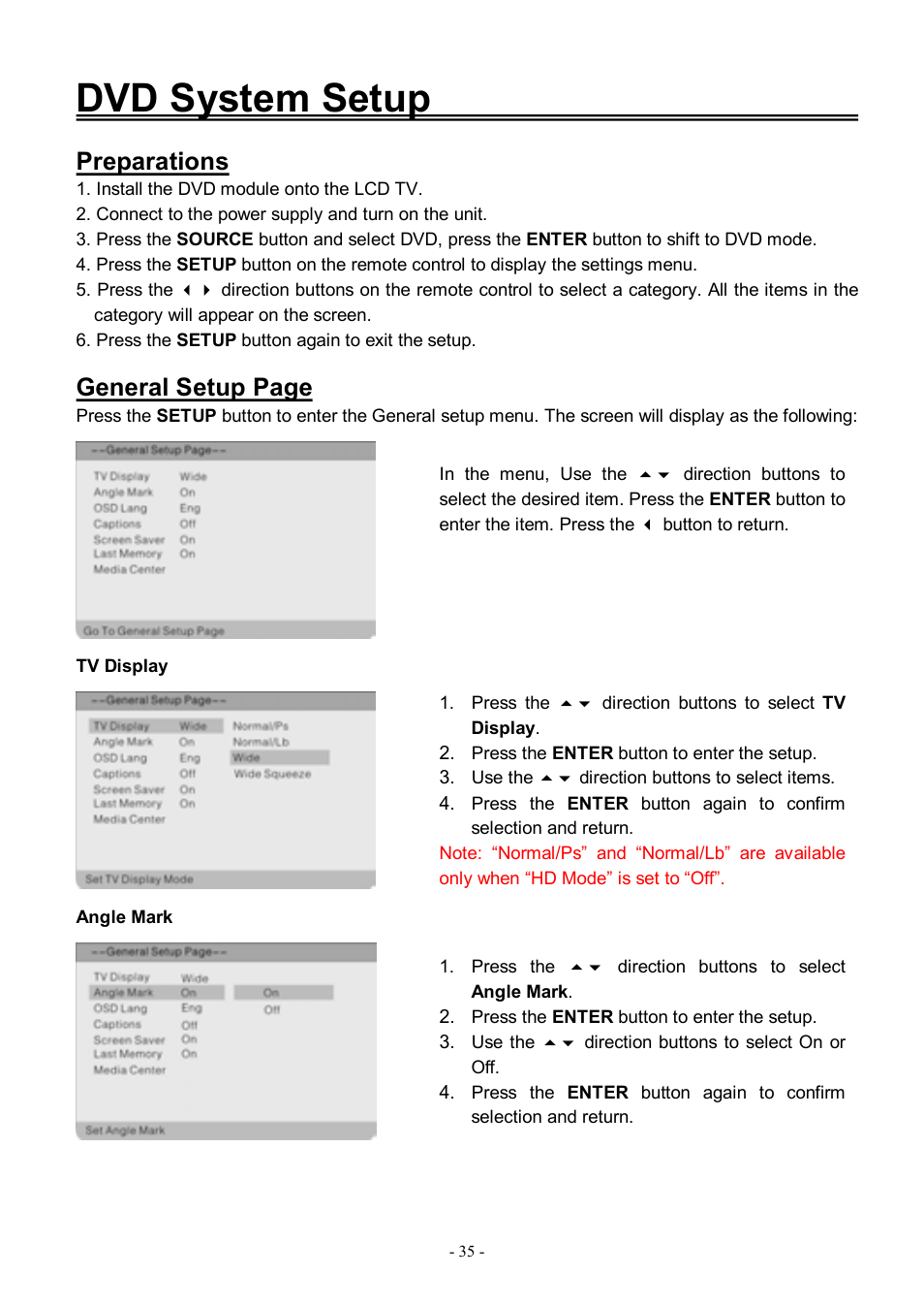Dvd system setup, Preparations, General setup page | Audiovox FPE3206DV User Manual | Page 36 / 45