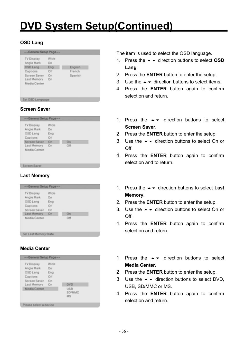 Dvd system setup(continued) | Audiovox FPE3206DV User Manual | Page 37 / 45