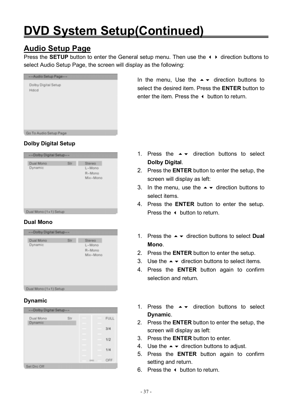 Dvd system setup(continued), Audio setup page | Audiovox FPE3206DV User Manual | Page 38 / 45