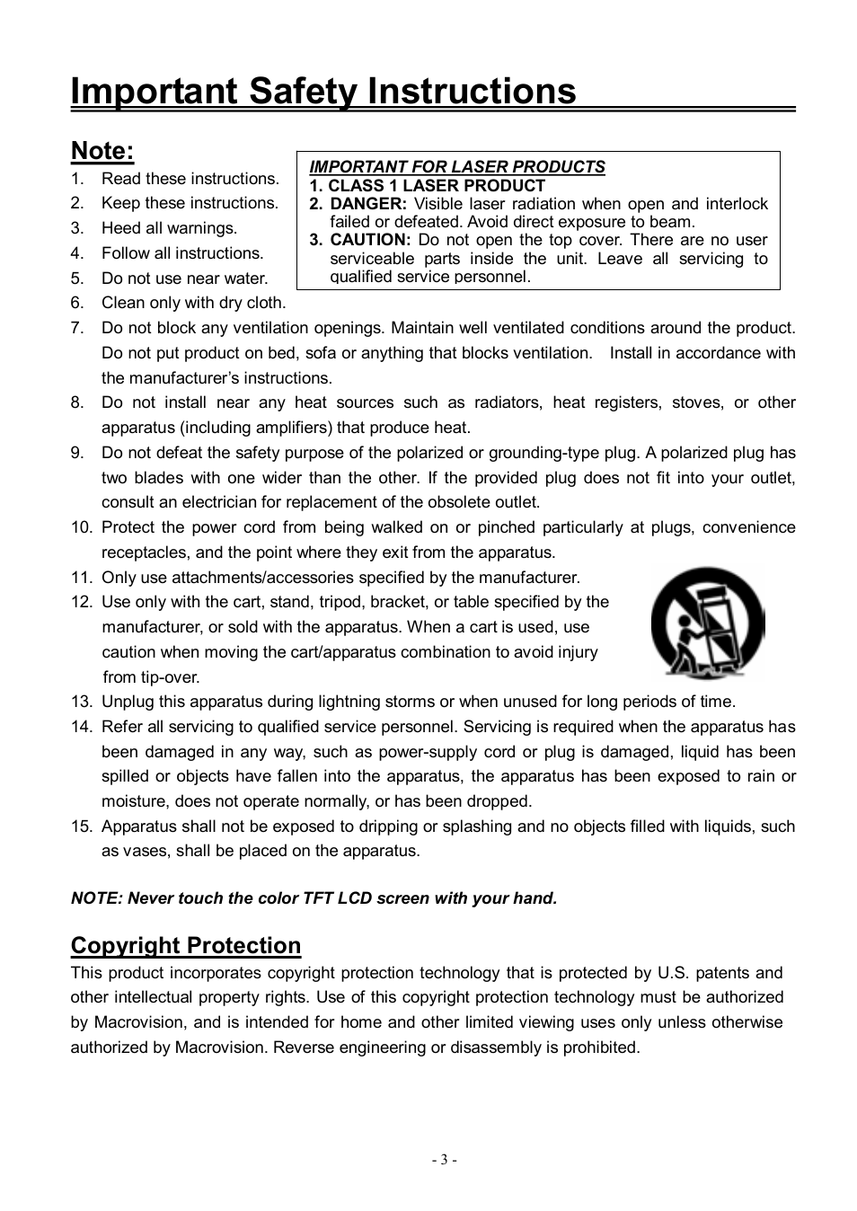 Important safety instructions, Copyright protection | Audiovox FPE3206DV User Manual | Page 4 / 45