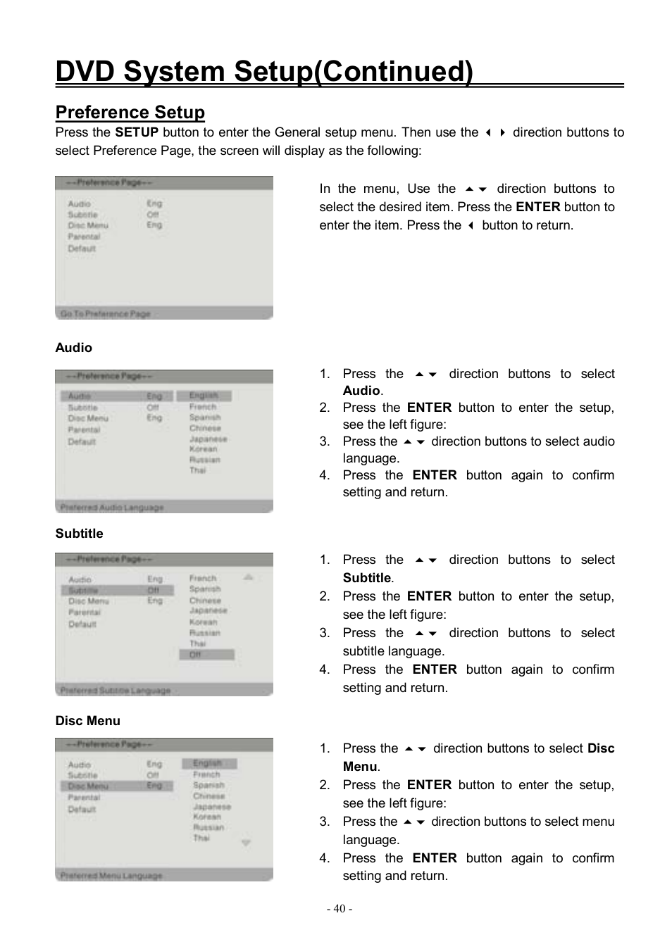 Dvd system setup(continued), Preference setup | Audiovox FPE3206DV User Manual | Page 41 / 45
