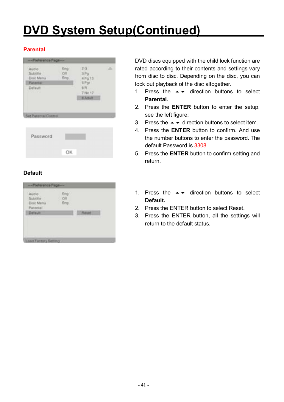 Dvd system setup(continued) | Audiovox FPE3206DV User Manual | Page 42 / 45