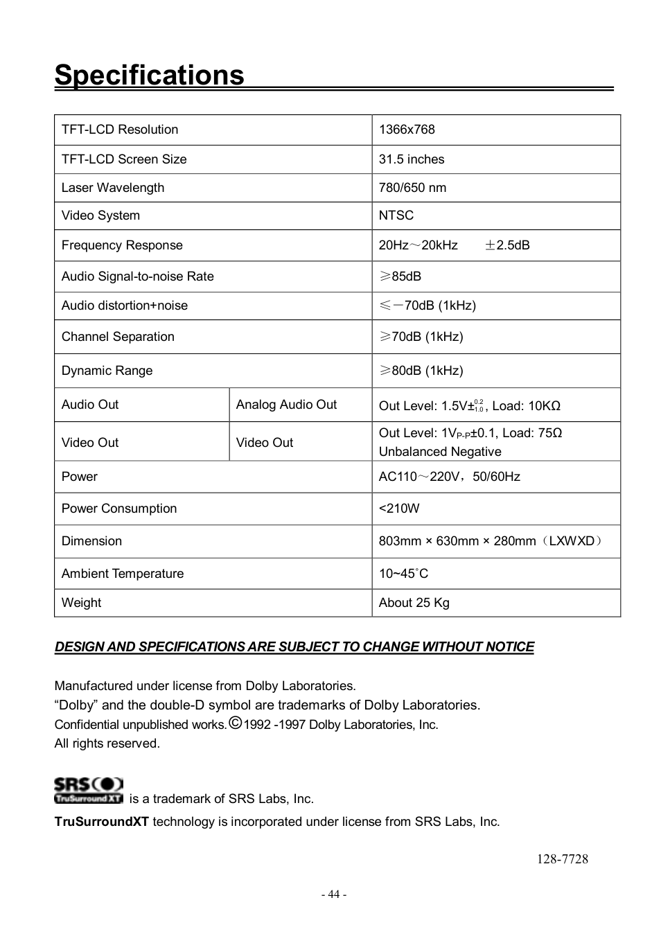 Specifications | Audiovox FPE3206DV User Manual | Page 45 / 45