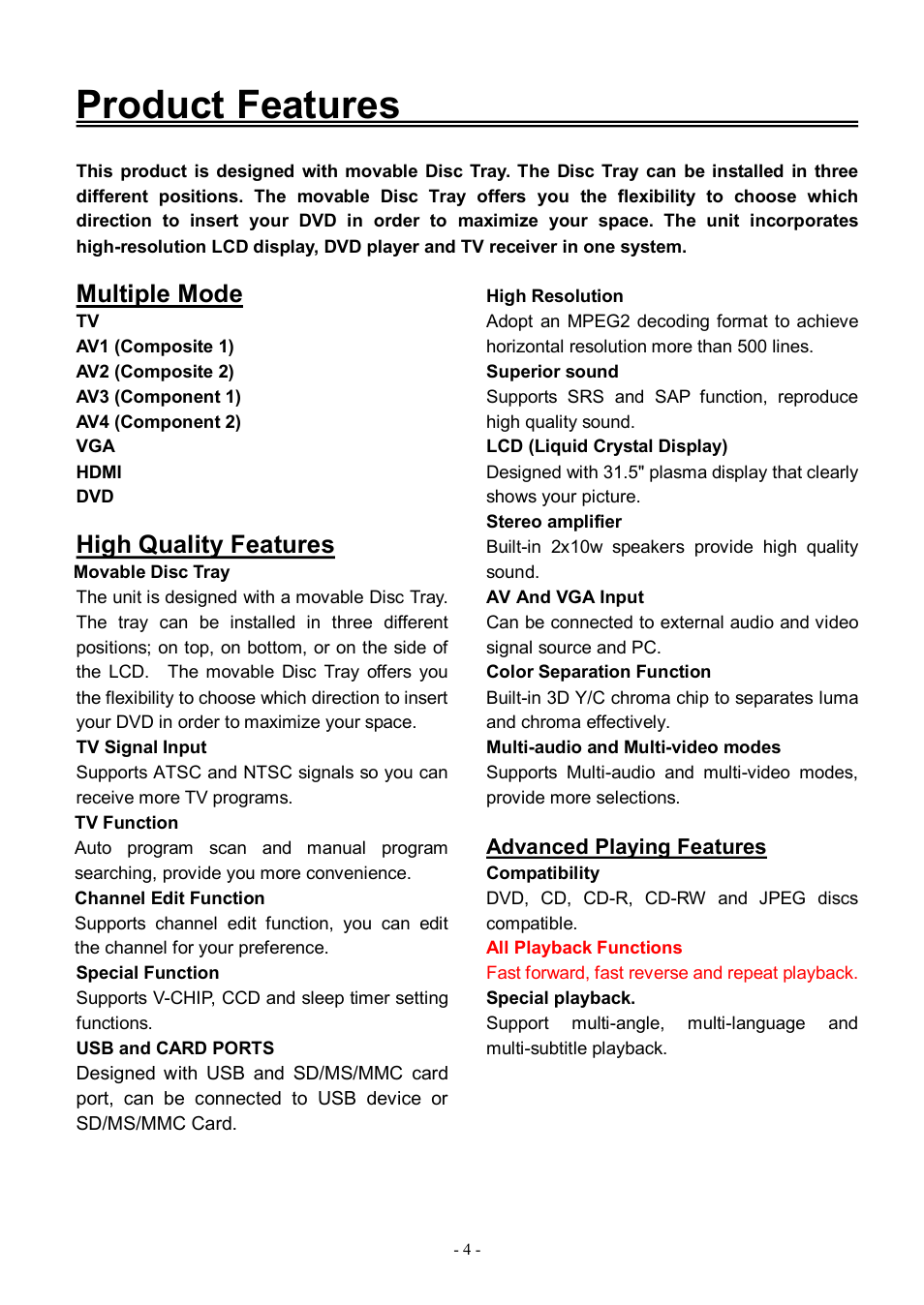 Product features, Multiple mode, High quality features | Audiovox FPE3206DV User Manual | Page 5 / 45