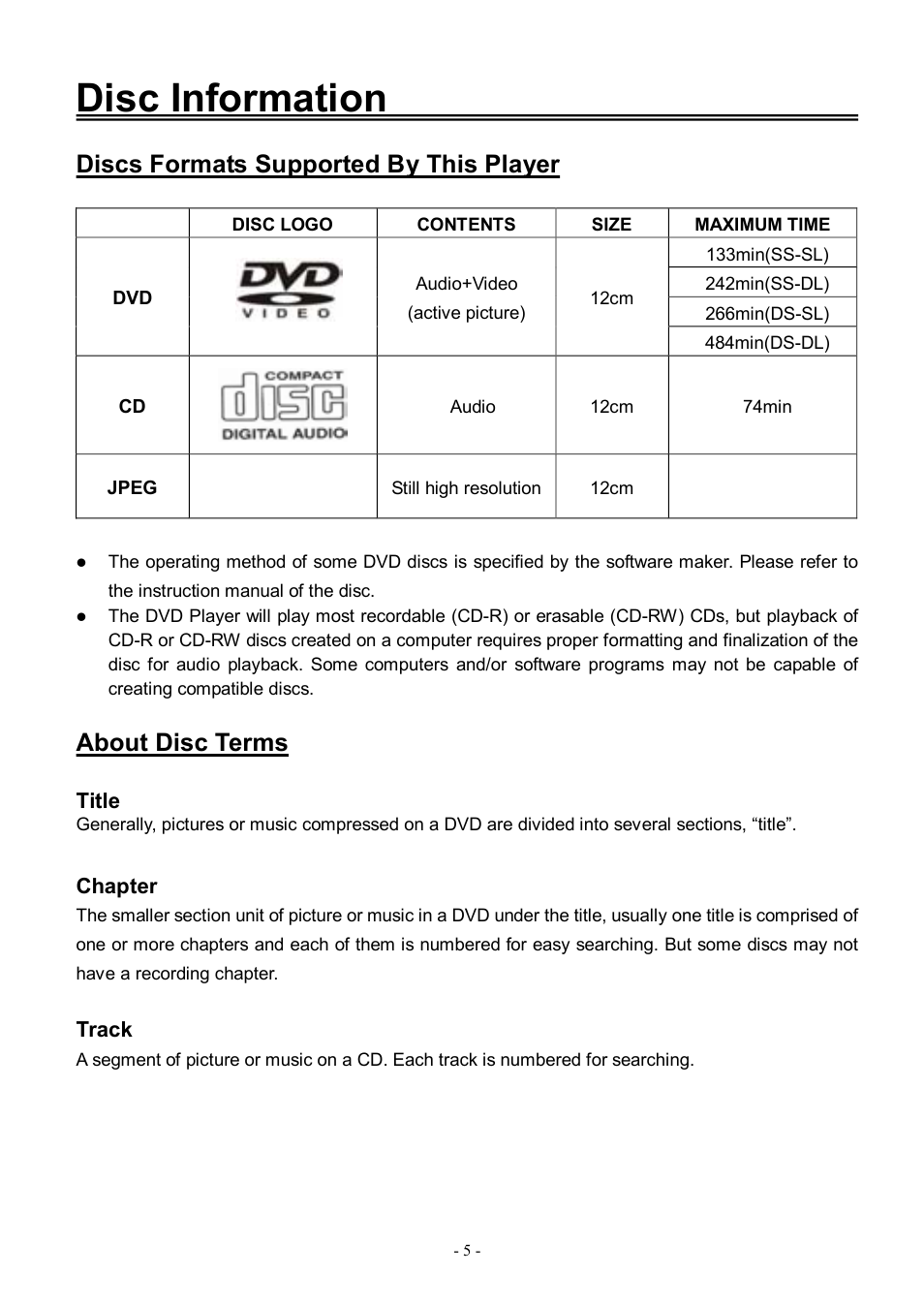 Disc information, Discs formats supported by this player, About disc terms | Audiovox FPE3206DV User Manual | Page 6 / 45