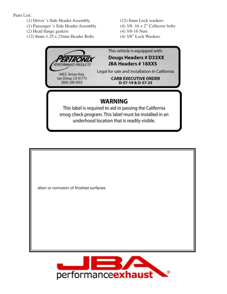 Limited one year warranty | PerTronix JBA Exhaust 1809S User Manual | Page 4 / 5
