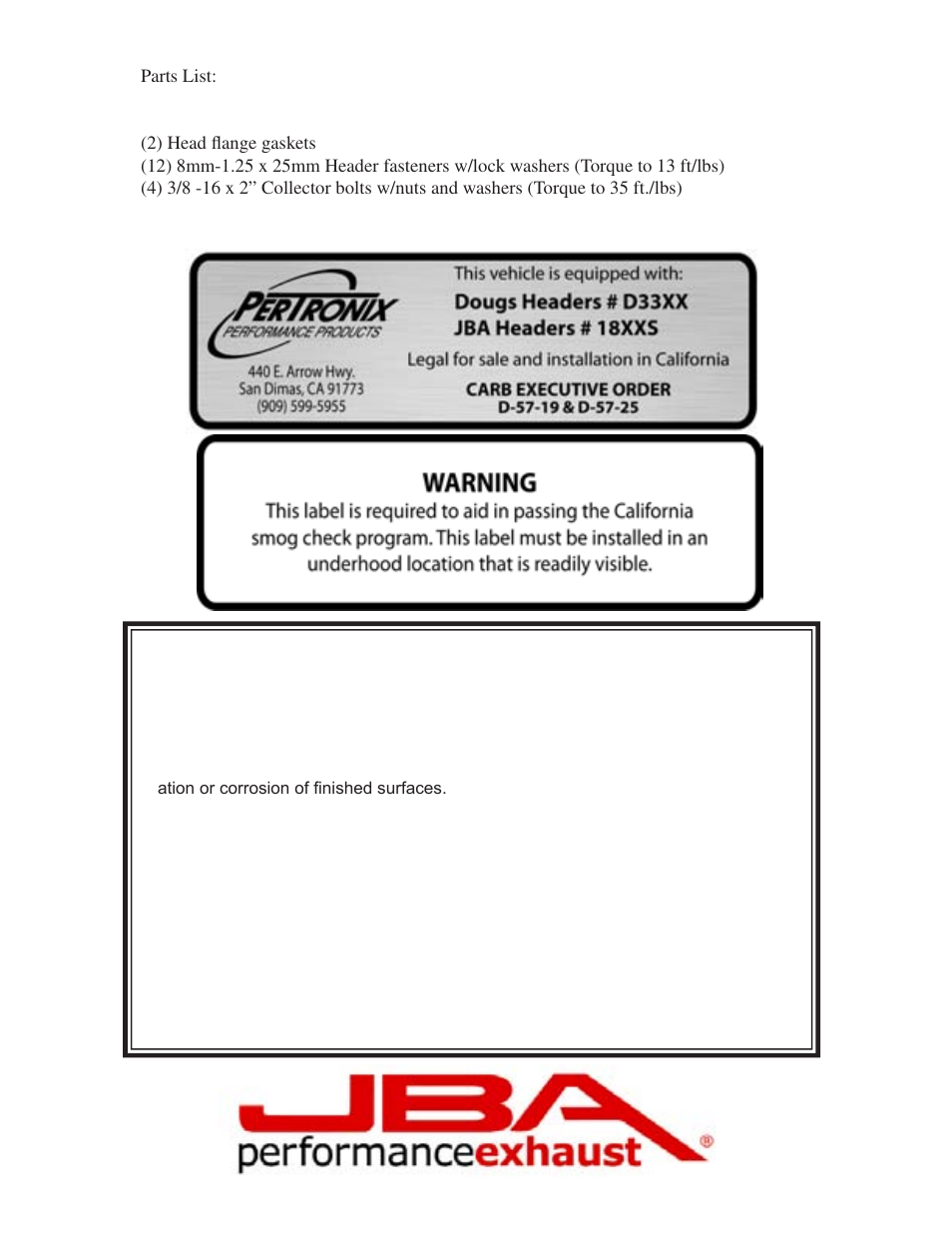 Limited one year warranty | PerTronix JBA Exhaust 1811S User Manual | Page 4 / 5