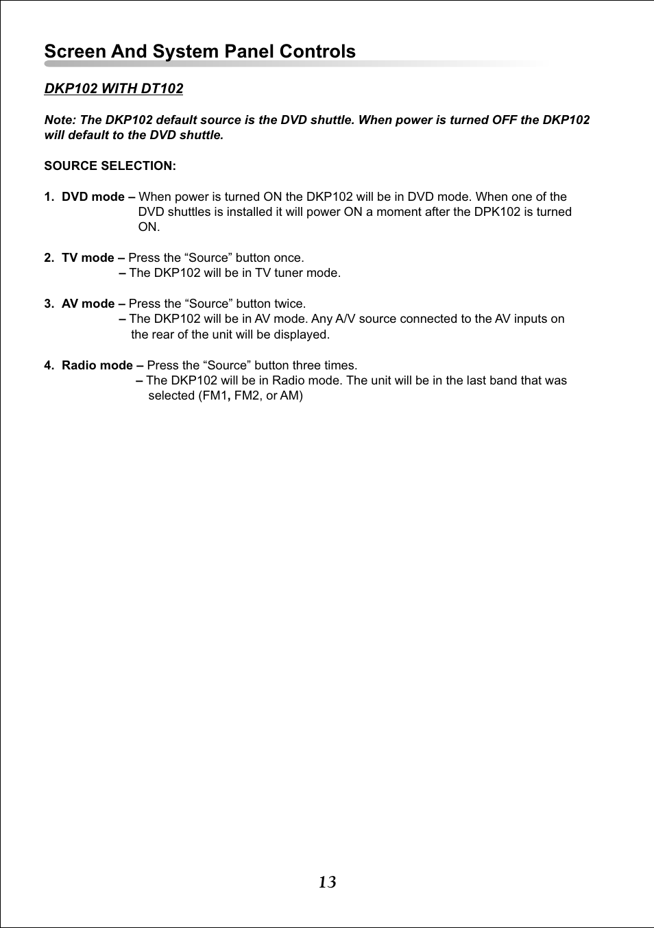 Screen and system panel controls | Audiovox DKP102 User Manual | Page 15 / 19