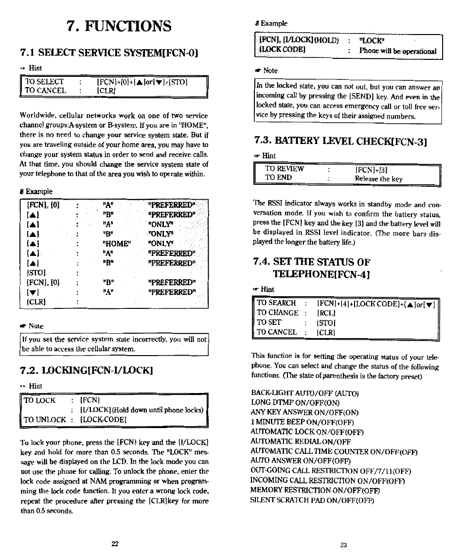 Functions, 1 select service system[fcn-0, Lockingifcn-i/lock | Battery level check[fcn-3, Set the status of telephoneefcn-4j | Audiovox PR-130 User Manual | Page 12 / 19