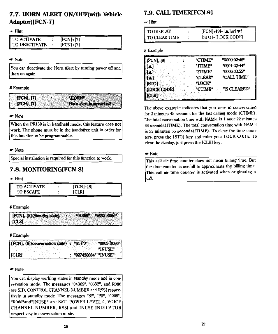 Horn alert on/off(with vehicle adaptor)[pcn-7, Monltoring[fcn-8, 9, calltimerífcn-9 | Horn, Alert on/off(with vehicle adaptor)[pcn-7 | Audiovox PR-130 User Manual | Page 15 / 19