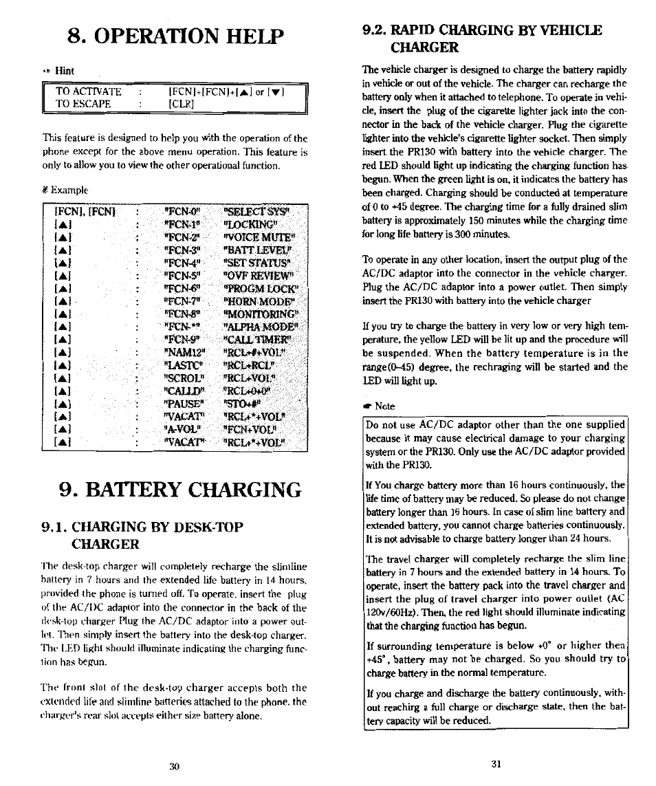 Operation help, Battery charging, Charging by desk-top charger | Rapid charging by vehicle charger | Audiovox PR-130 User Manual | Page 16 / 19