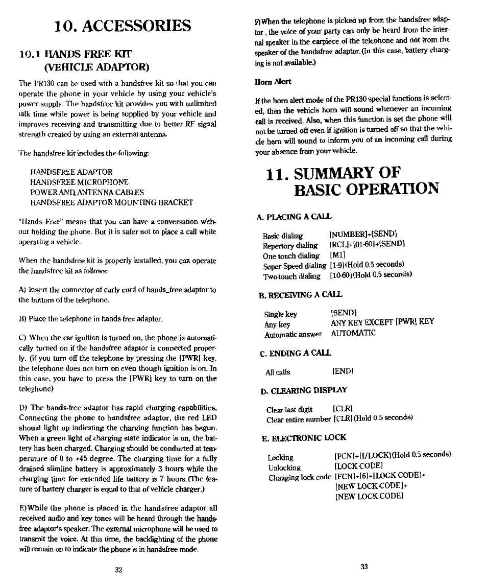 Accessories, 1 hands free kit (vehicle adaptor), Summary of basic operation | Audiovox PR-130 User Manual | Page 17 / 19