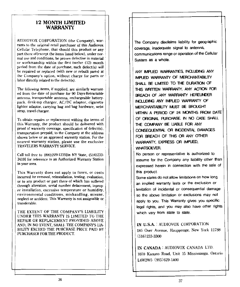 12 monto umited warranty | Audiovox PR-130 User Manual | Page 19 / 19