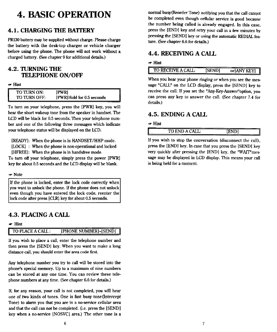 Basic operation, Charging the battery, Turning the telephone on/off | Receiving a call, 4,5. ending a caii, 4,3. piacingacall | Audiovox PR-130 User Manual | Page 4 / 19