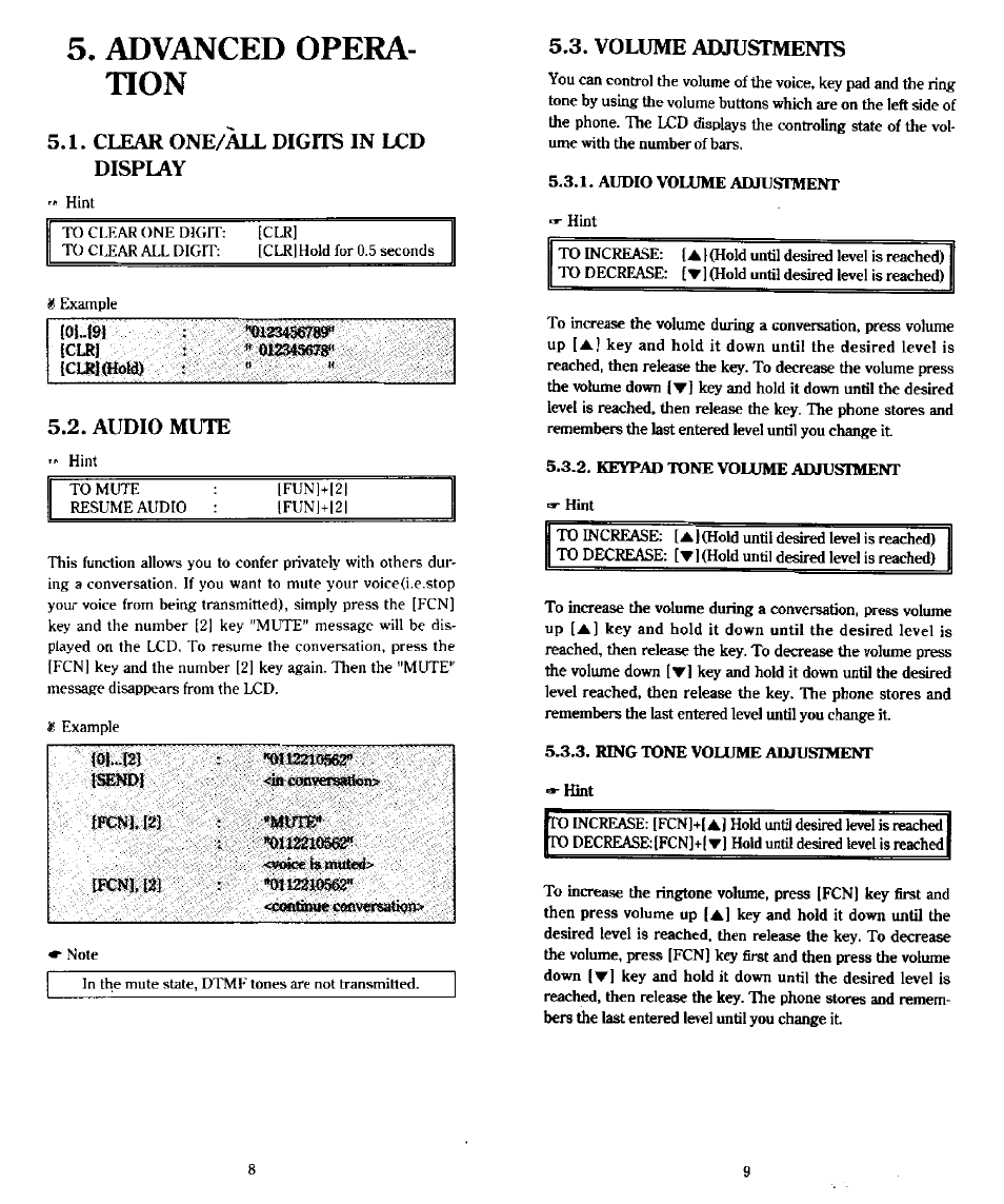 Advanced operation, Clear one/all digits in lcd display, Volume adjustments | Advanced opera­ tion, Audio mute | Audiovox PR-130 User Manual | Page 5 / 19