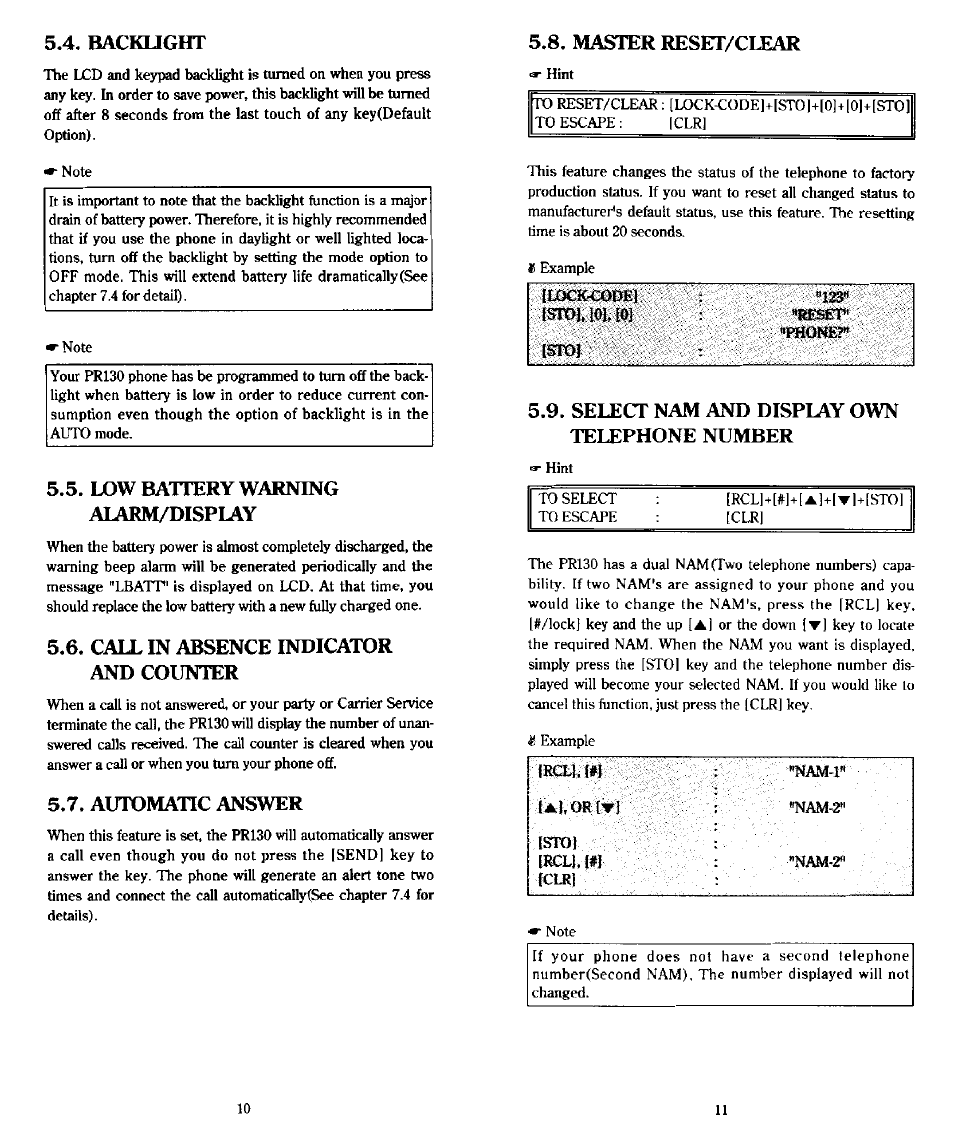 Backught, Master reset/clear, Select nam and display own telephone number | Low battery warning al4rm/display, Call in absence indicator and counter, Automatic answer | Audiovox PR-130 User Manual | Page 6 / 19