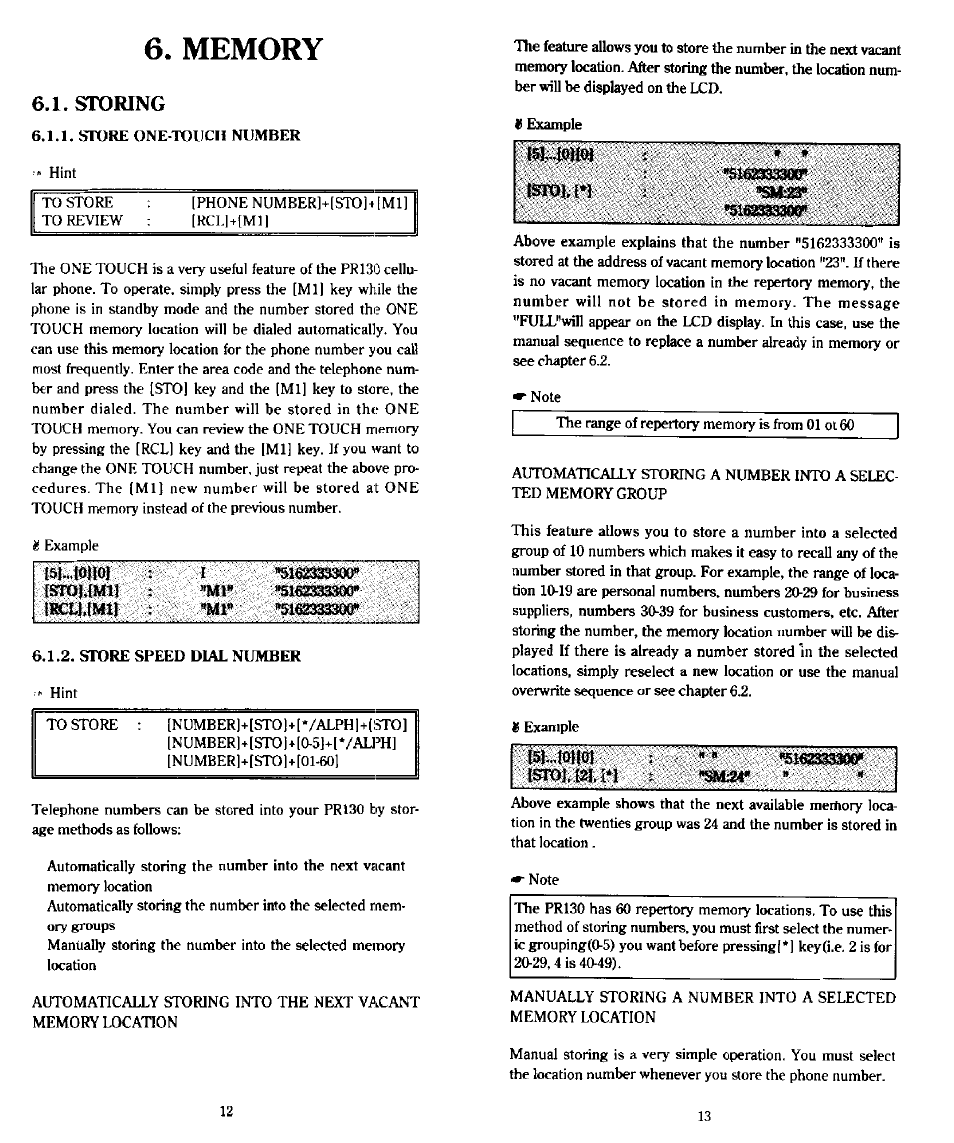 Memory, Storing | Audiovox PR-130 User Manual | Page 7 / 19