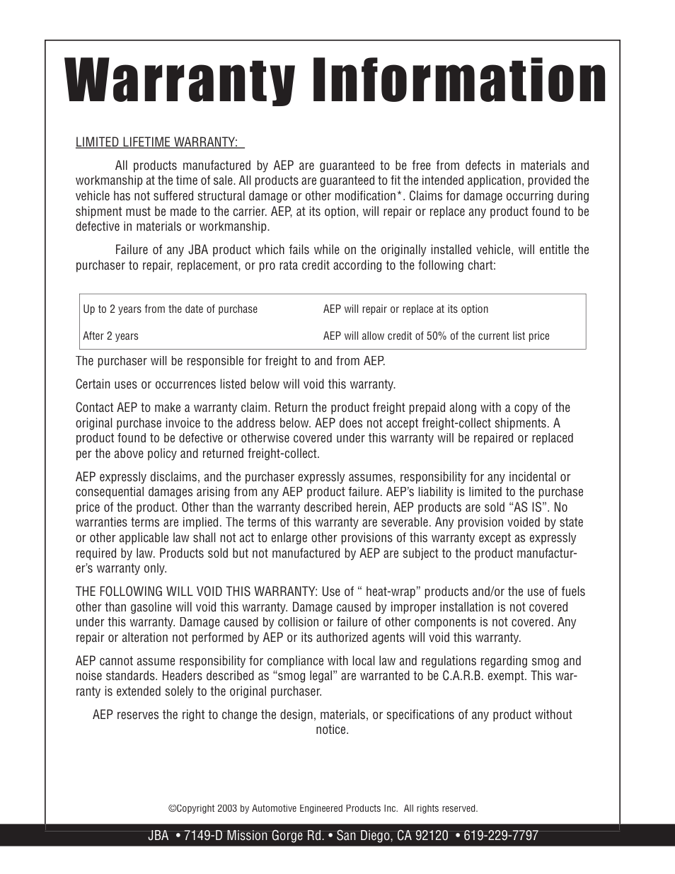 Warranty information | PerTronix JBA Exhaust 2945Y User Manual | Page 4 / 4